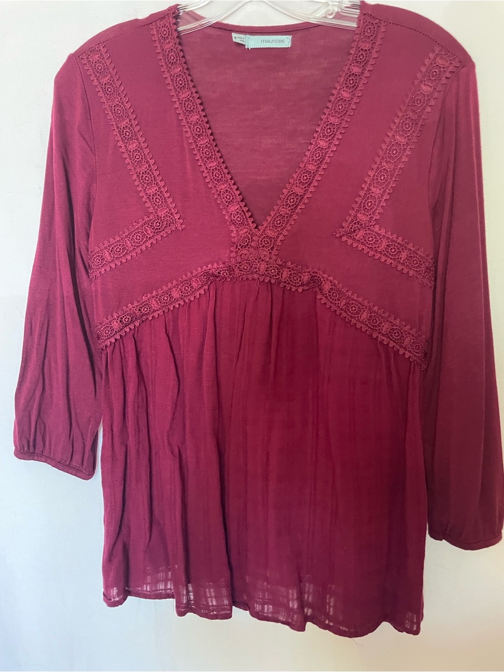 Maurices Women's Wine Lace-Trim Peasant Blouse